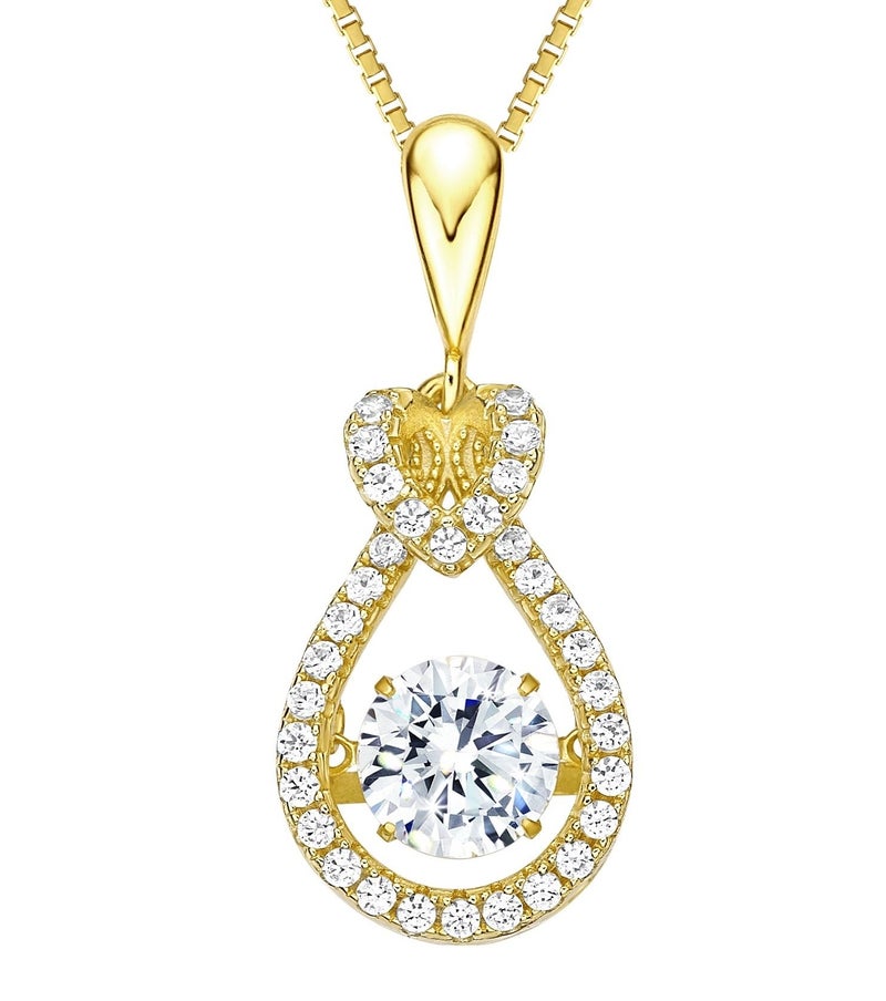 Central Diamond Center Heart & Pear Dancing Gemstone Necklace 925 Sterling Silver & Pure Brilliance Zirconia, Yellow Gold Plated - Image 1